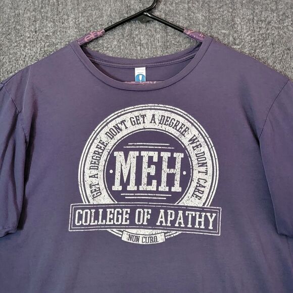 College Of Apathy T-Shirt Mens XL Purple Short Sleeve Crewneck Meh - Picture 2 of 11